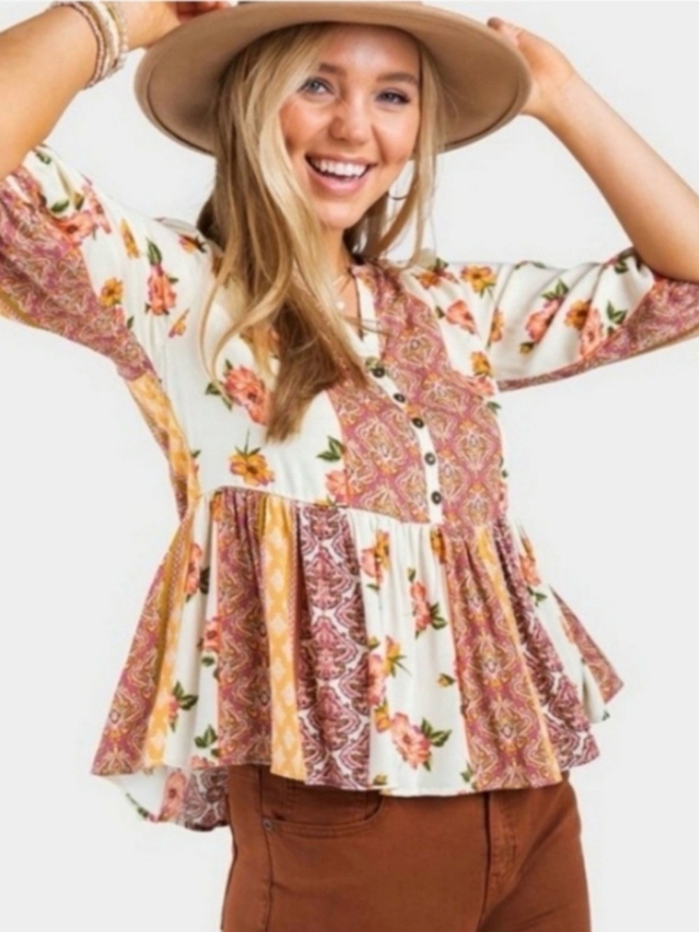 Blue Rain Floral Patchwork Peplum Blouse - Cream & Rust fall vibes